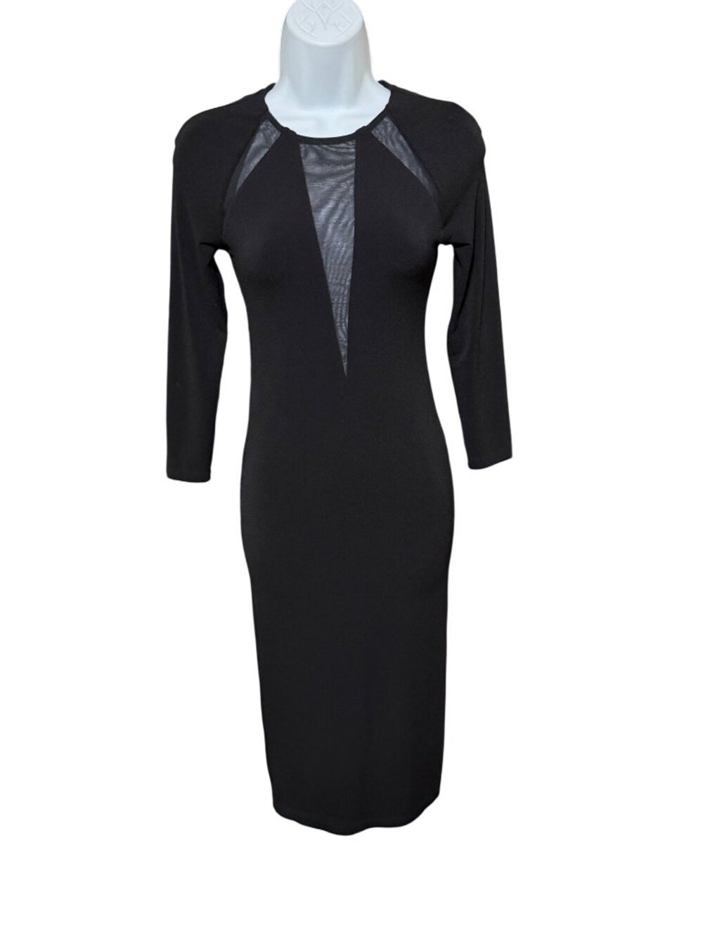 Alice + Olivia Black Sheer Panel Midi Bodycon Dress With 3/4 Sleeves